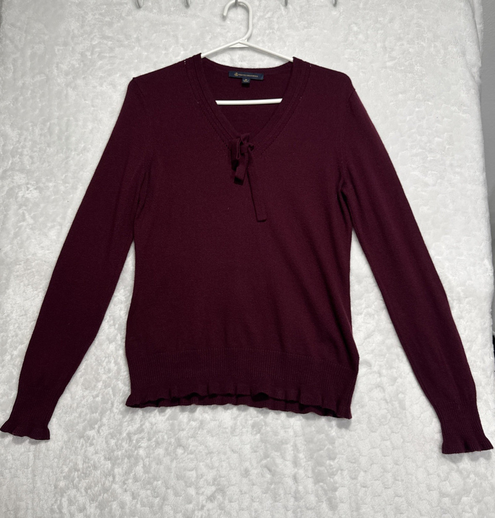 Brooks Brothers Wool Blend Sweater Women's M Red V-Neck Bow Ribbed Ruffle Trim